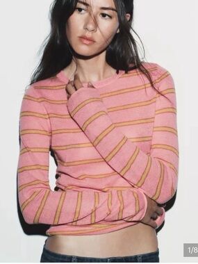 Zara Pink Sweater with Yellow Stripes - Crew Neck